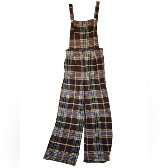 Cider Pants - Cider Square Neck Preppy Countryside Tweed Plaid Jumpsuit Overall Wide Leg SZ M